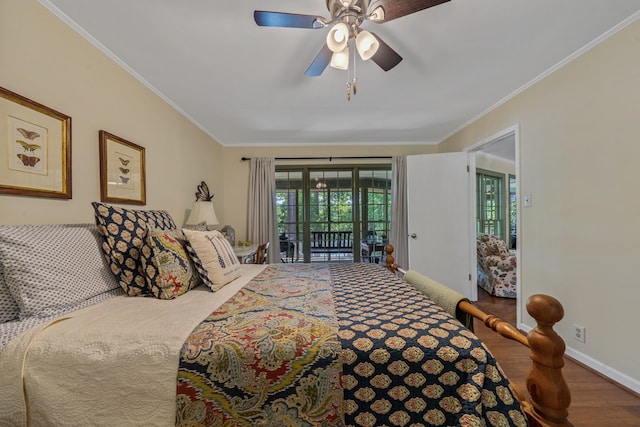 bedroom featuring access to exterior, wood finished floors, ornamental molding, baseboards, and ceiling fan