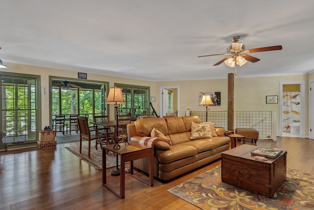 living area with ceiling fan, healthy amount of natural light, wood finished floors, and crown molding