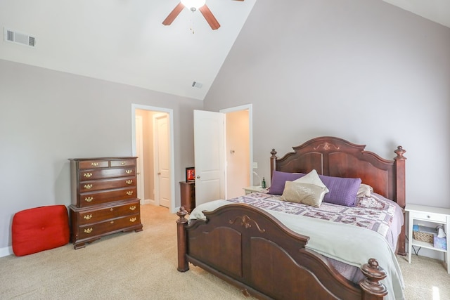 bedroom with ceiling fan, light colored carpet, and high vaulted ceiling