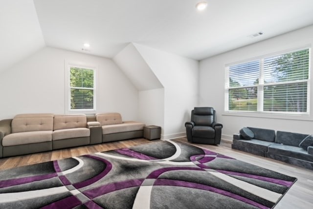 living room with wood-type flooring and vaulted ceiling