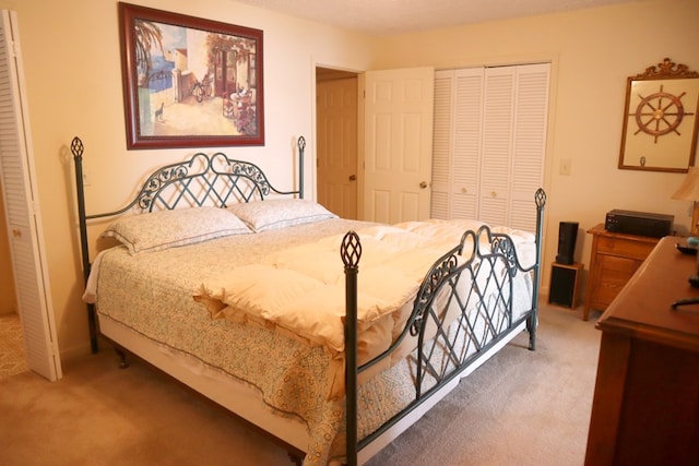 bedroom featuring light colored carpet and a closet