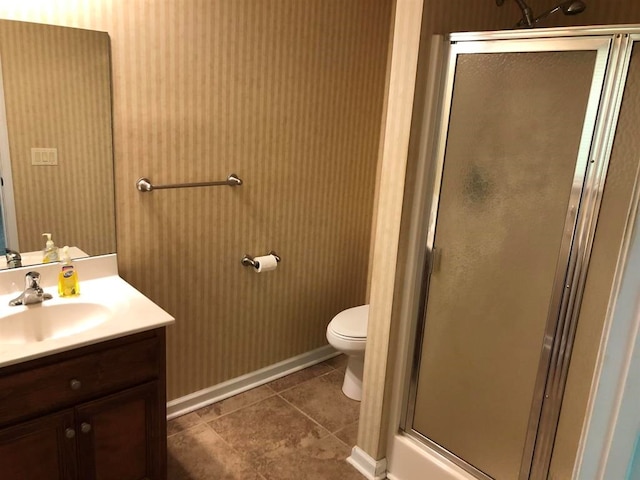 104 Wesley Ct, Eatonton, GA 31024 - bathroom with vanity, a shower stall, tile patterned floors, and wallpapered walls