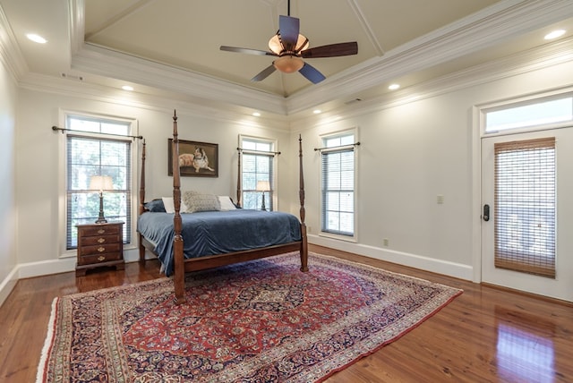 bedroom with multiple windows, a tray ceiling, ceiling fan, and ornamental molding