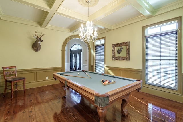 rec room featuring dark hardwood / wood-style floors, a healthy amount of sunlight, and pool table