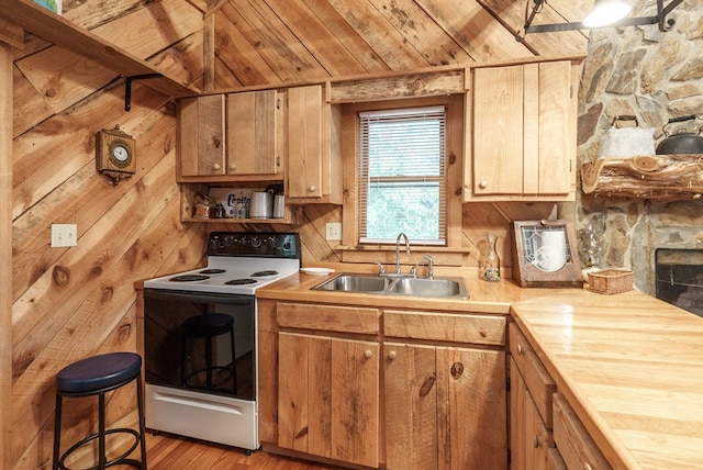 kitchen featuring electric stove, wood walls, sink, and wood ceiling