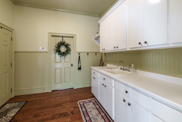 washroom with sink, dark hardwood / wood-style floors, and ornamental molding