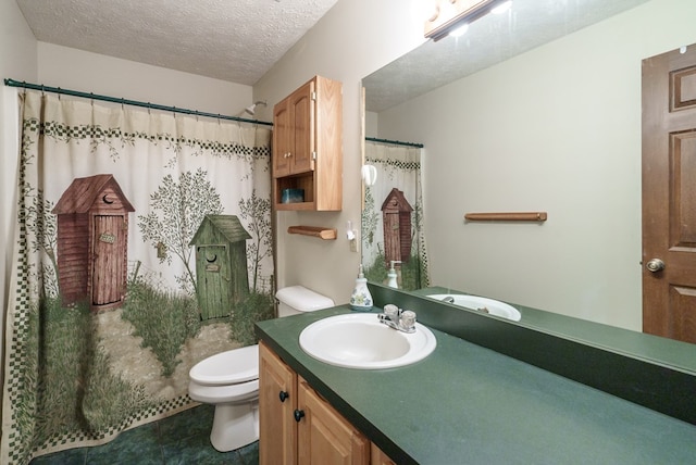 bathroom with vanity, a textured ceiling, and toilet