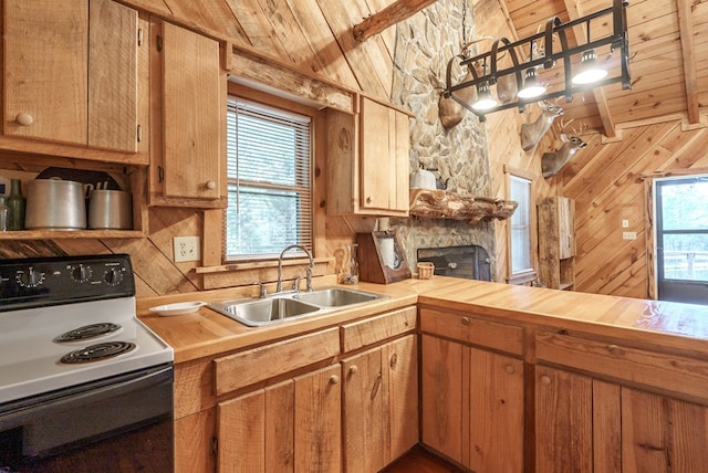 kitchen with wood ceiling, sink, white range with electric cooktop, plenty of natural light, and wood walls