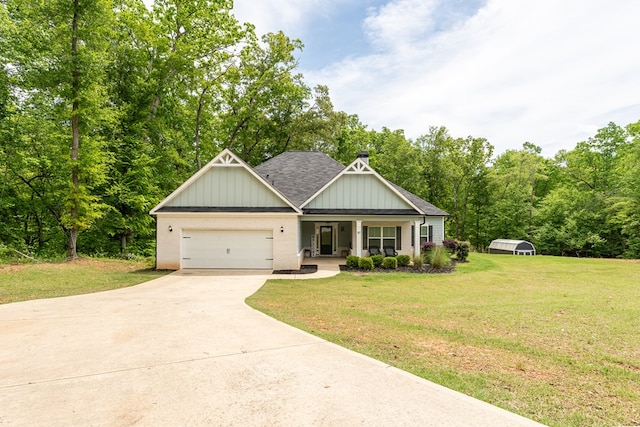 97 Heather Ln, Mansfield, GA 30055 - craftsman-style house featuring a garage, a shingled roof, concrete driveway, a porch, and a front lawn