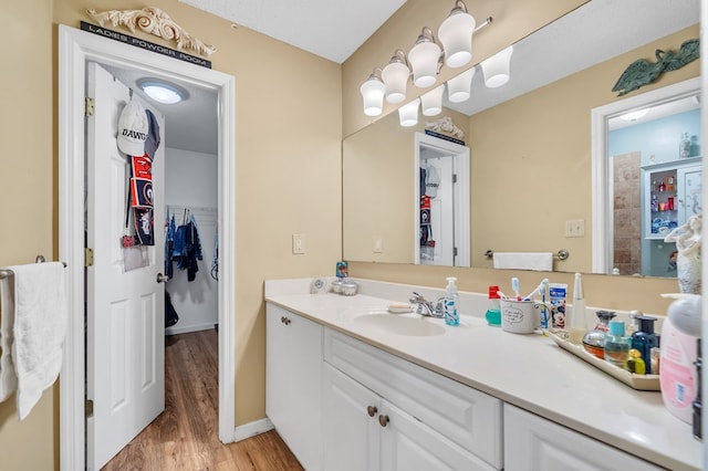 bathroom with hardwood / wood-style floors and vanity