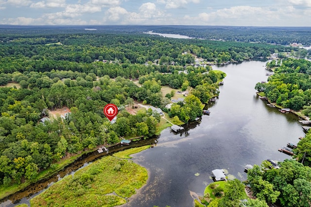 drone / aerial view featuring a water view