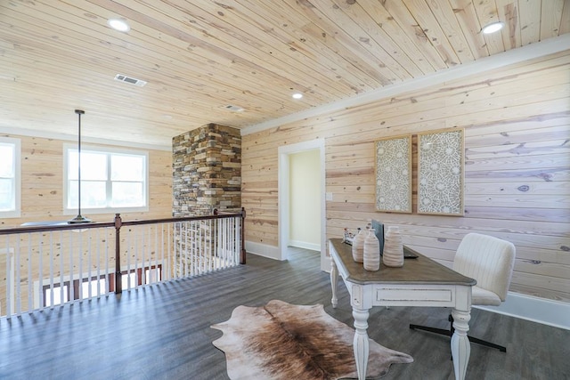 office area featuring wood walls, wood ceiling, baseboards, and wood finished floors