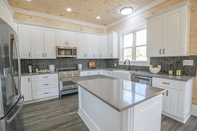 kitchen featuring wooden ceiling, white cabinetry, dark wood-style floors, and appliances with stainless steel finishes