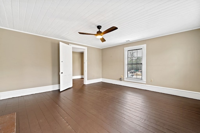 spare room featuring dark hardwood / wood-style flooring, wood ceiling, ornamental molding, and ceiling fan