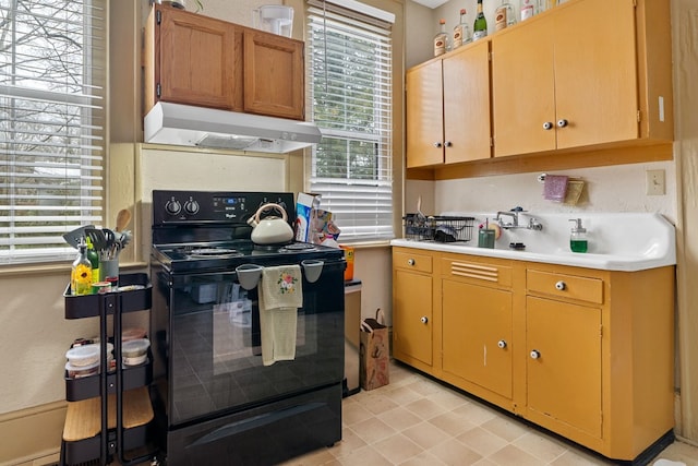 kitchen with electric range and wall chimney exhaust hood