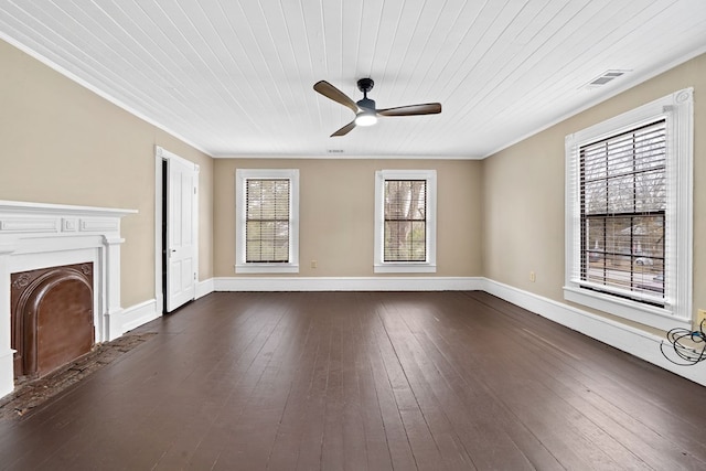 unfurnished living room featuring dark wood-type flooring, ceiling fan, ornamental molding, and wood ceiling