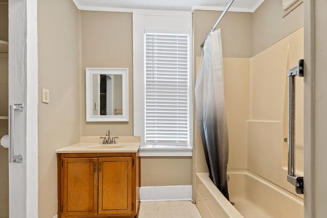 bathroom featuring vanity and shower / bath combo with shower curtain