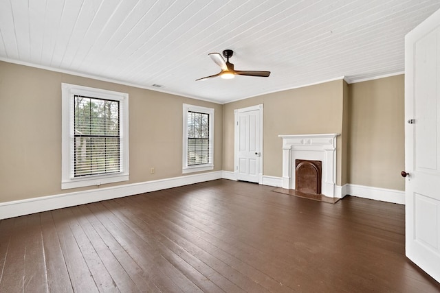 unfurnished living room featuring crown molding, dark wood-type flooring, and ceiling fan