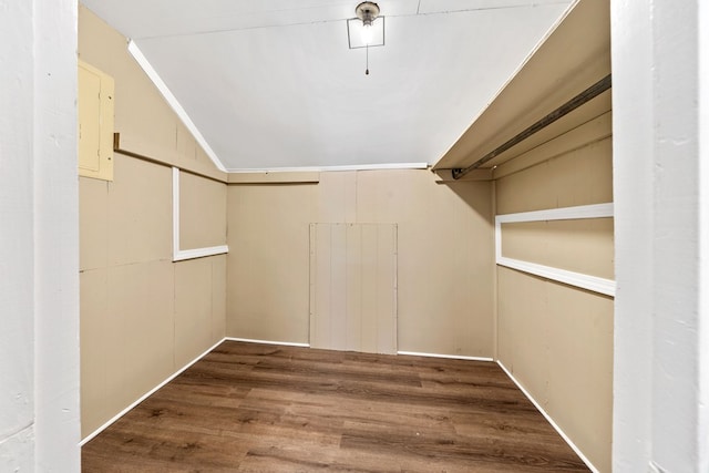 walk in closet featuring lofted ceiling and hardwood / wood-style flooring