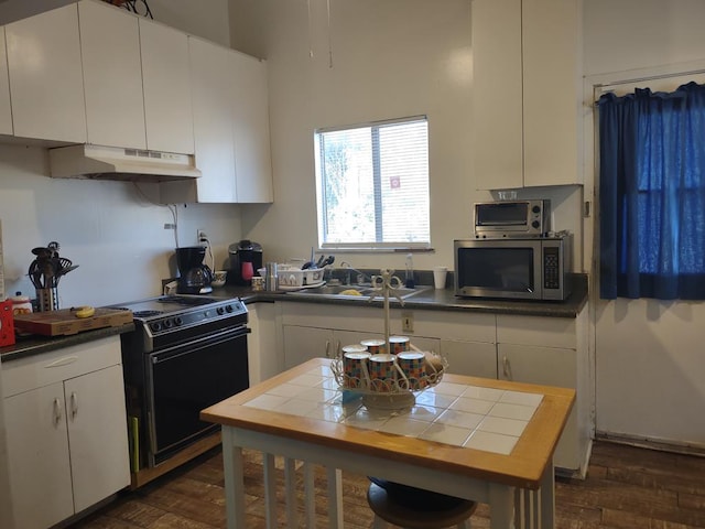 kitchen featuring under cabinet range hood, black range with electric stovetop, a sink, white cabinetry, and stainless steel microwave