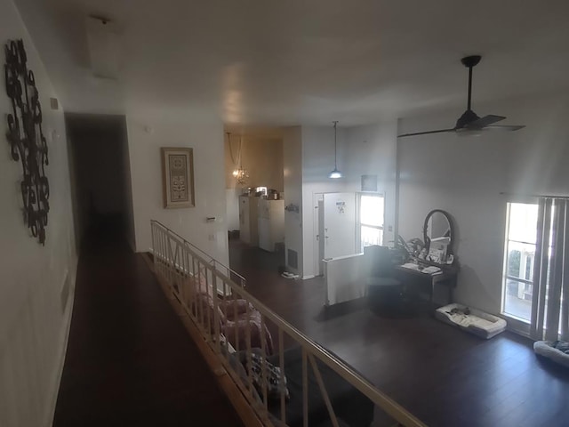 hall with a wealth of natural light, an upstairs landing, and wood finished floors