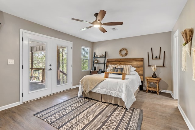 bedroom featuring ceiling fan, access to exterior, french doors, and hardwood / wood-style floors