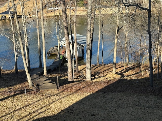 exterior space featuring a water view and a dock