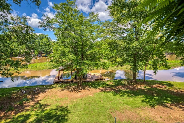 view of yard with a water view and a boat dock