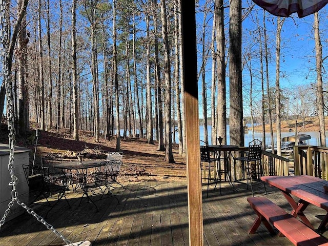 wooden terrace featuring a water view