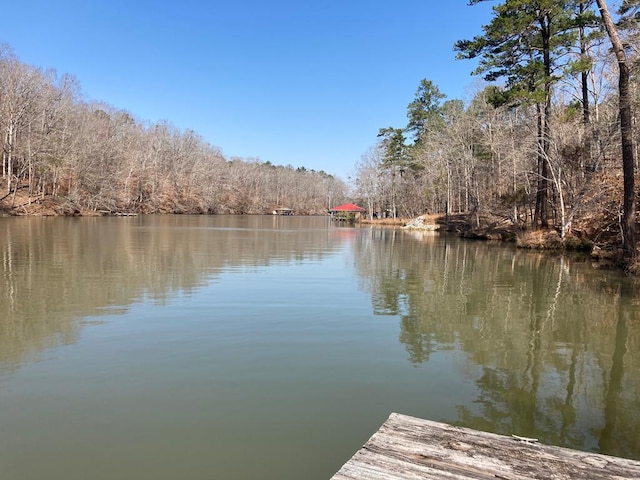 view of dock featuring a view of trees and a water view