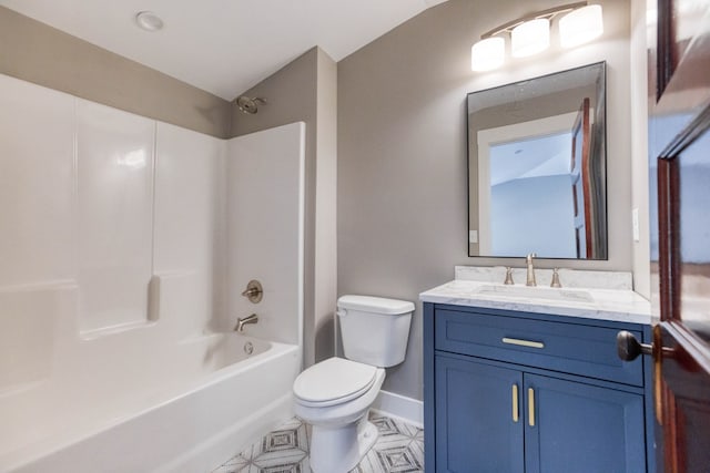 full bathroom with vanity,  shower combination, and toilet