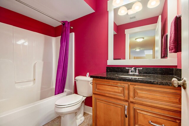 full bathroom with shower / bath combination with curtain, toilet, and vanity