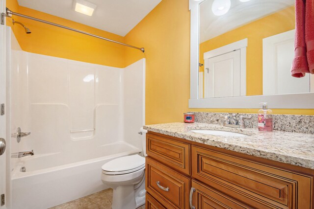 full bathroom with vanity, toilet, shower / tub combination, and tile patterned floors