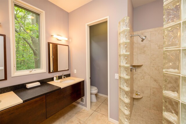 12737 Sanctuary Pl, Grand Haven, MI 49417 - bathroom with a walk in shower, tile patterned flooring, toilet, and vanity