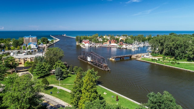 aerial view featuring a water view