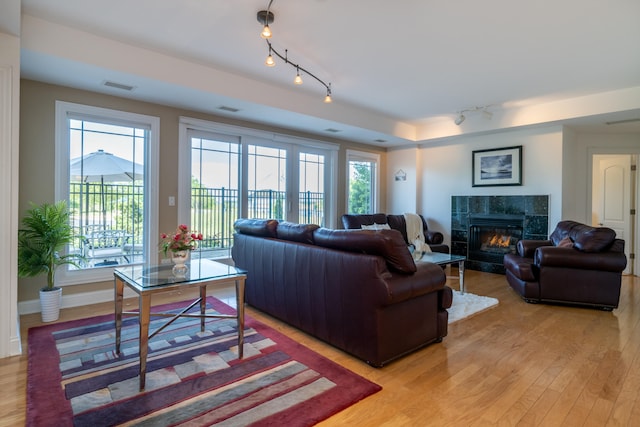 living room with a wealth of natural light, light hardwood / wood-style flooring, a premium fireplace, and rail lighting