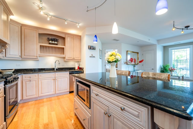 kitchen with light wood finished floors, a sink, dark stone counters, stainless steel appliances, and open shelves