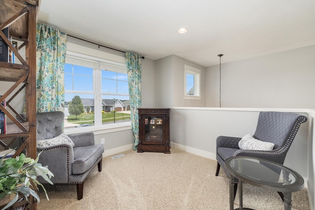 living area featuring carpet floors