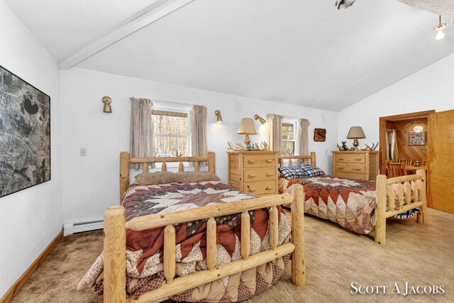 carpeted bedroom with lofted ceiling with beams and a baseboard heating unit