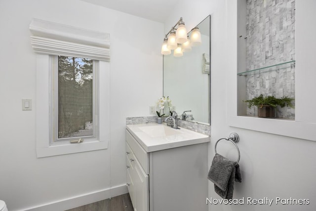 bathroom with hardwood / wood-style flooring and vanity