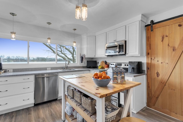 kitchen with decorative light fixtures, a sink, appliances with stainless steel finishes, white cabinetry, and dark wood-type flooring