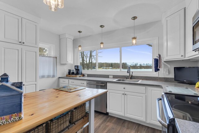 kitchen featuring appliances with stainless steel finishes, dark wood-style flooring, a sink, and white cabinets