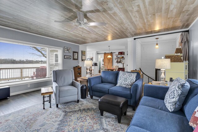 living room featuring wood ceiling, wood finished floors, and ceiling fan