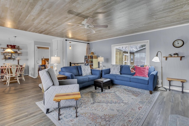 living room with wood ceiling, wood finished floors, ceiling fan, and baseboards