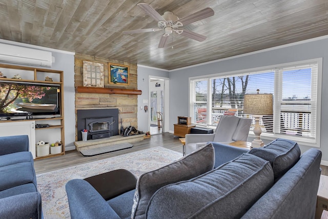 living area with ornamental molding, wooden ceiling, wood finished floors, and a wall mounted air conditioner