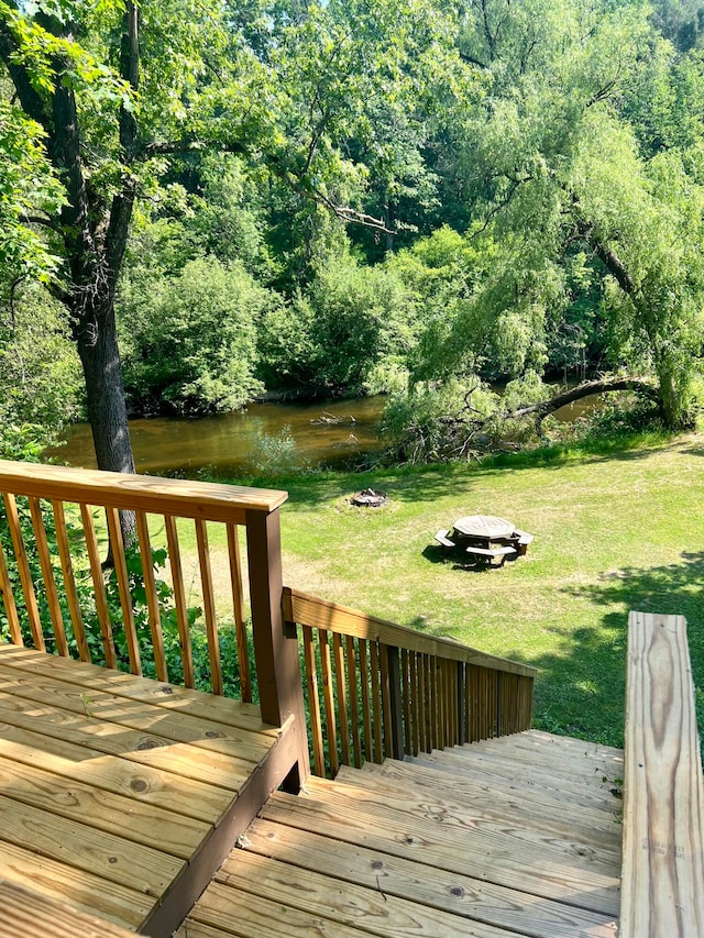 wooden terrace featuring a yard and a water view