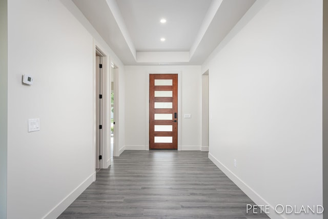 doorway to outside featuring a raised ceiling and dark wood-type flooring