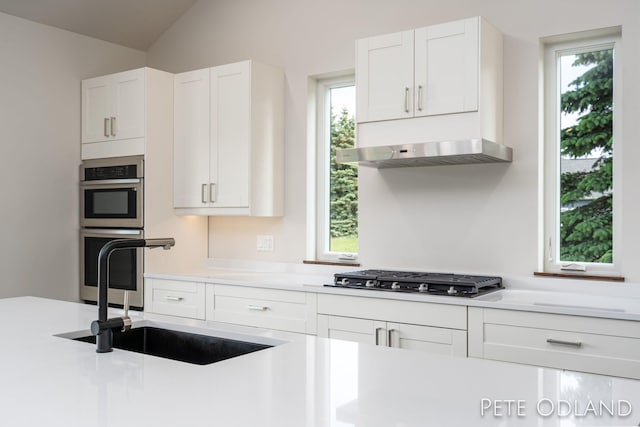 kitchen featuring lofted ceiling, sink, range hood, stainless steel appliances, and white cabinets