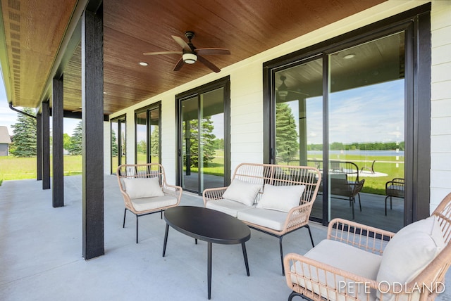 view of patio featuring ceiling fan and an outdoor hangout area