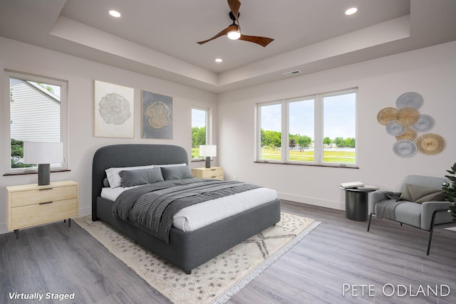 bedroom with a raised ceiling, hardwood / wood-style floors, and ceiling fan